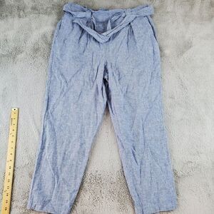 Max Studio Linen Cotton Pants Womens Sz XL Blue Pinstripe‎ Belted Crop Wide Leg